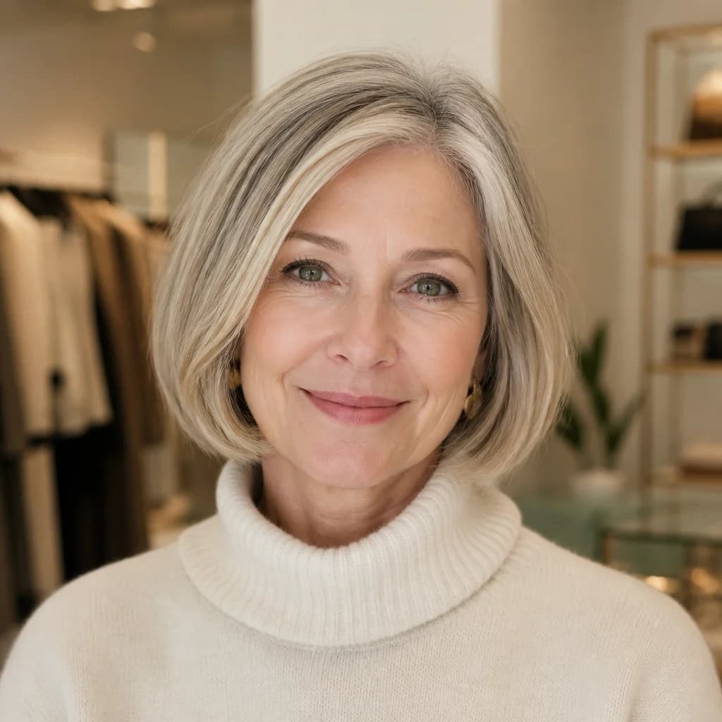 Happy customer wearing an ivory turtleneck