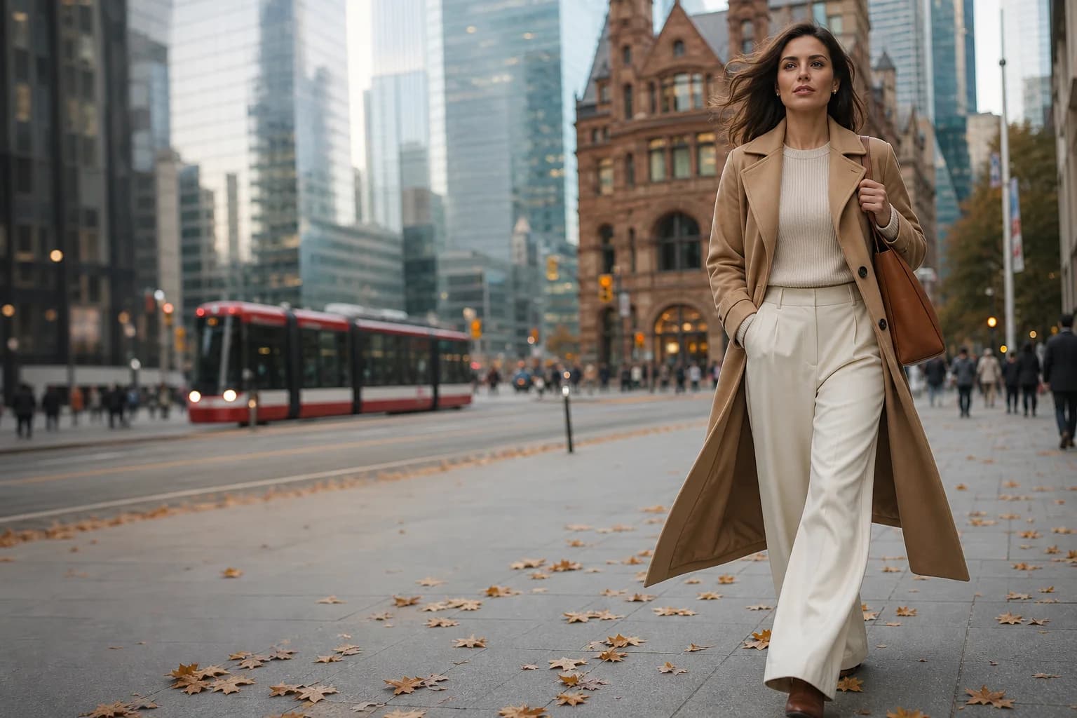 Woman in a camel trenchcoat walking through downtown Toronto in autumn
